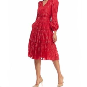 Gal Mets glam Annette Red V-Neck Tiered Midi Dress. US 2